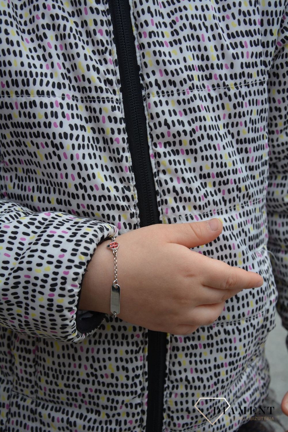 Bransoletka srebrna dla dziewczynki biedronka i blaszka A032 biedronka.jpg